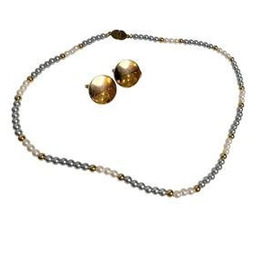 Monet‎ Necklace and Clip On Earrings Faux Pearl Gold Tone Vintage Set